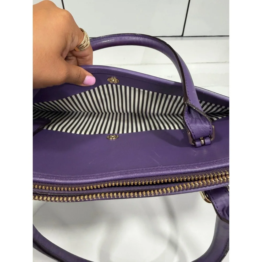 Kate Spade New York Purple Leather Satchel Zip Top Tote Bag Silver Hardware